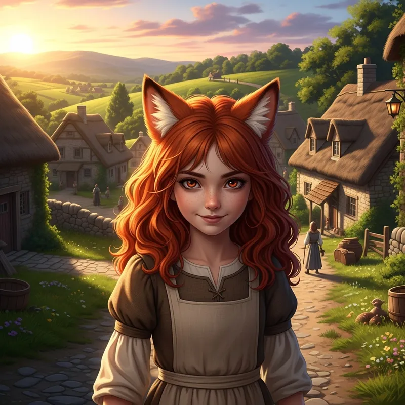 Fox-Like Redhead in Countryside Village