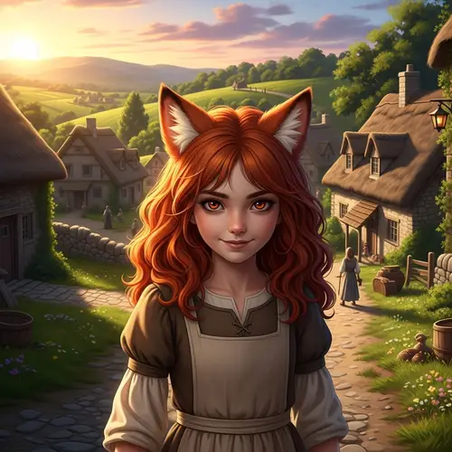 Red-Haired Girl Resembling a Fox in Countryside Village