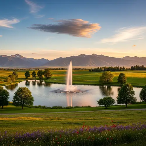 Tranquil Landscape with Lake, Fountain, Grasslands, and Mountains