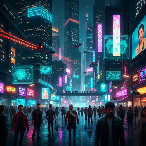 Futuristic Cyberpunk Cityscape with Diverse Crowds