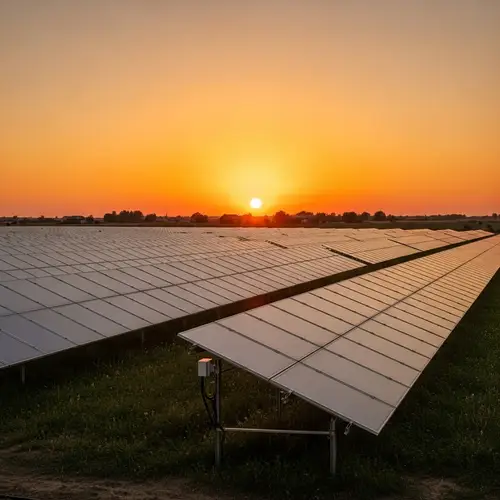 Tranquil Sunset Scene with Solar Panels | Minimalist Design