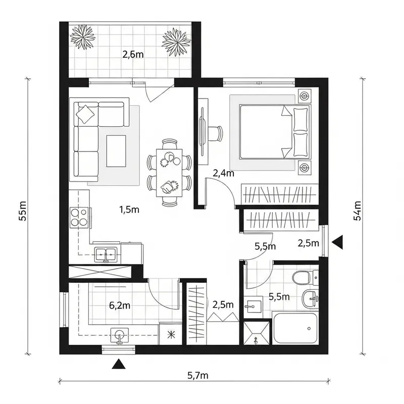 Efficient 5m Width Home Design: Optimal 45m² Plan