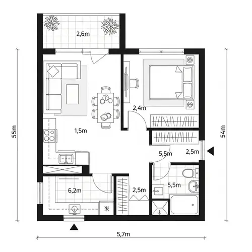 Efficient Home Design Plan: 5m Width, 45m² Area