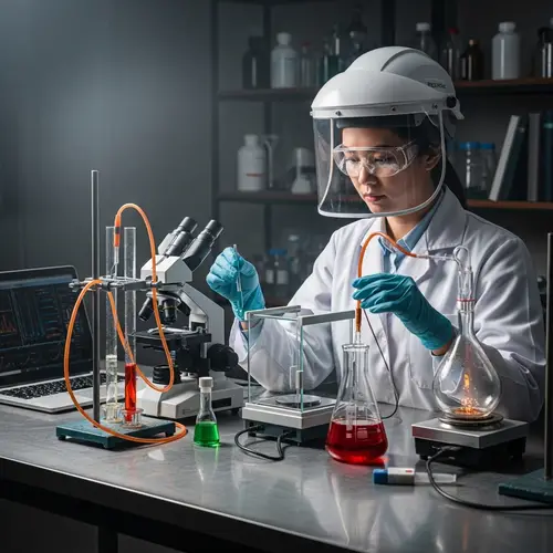 Asian Woman Scientist in Lab: Focused Experimentation