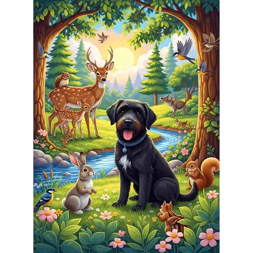 Tranquil Scene with Content Black Dog and Creatures of the Wild