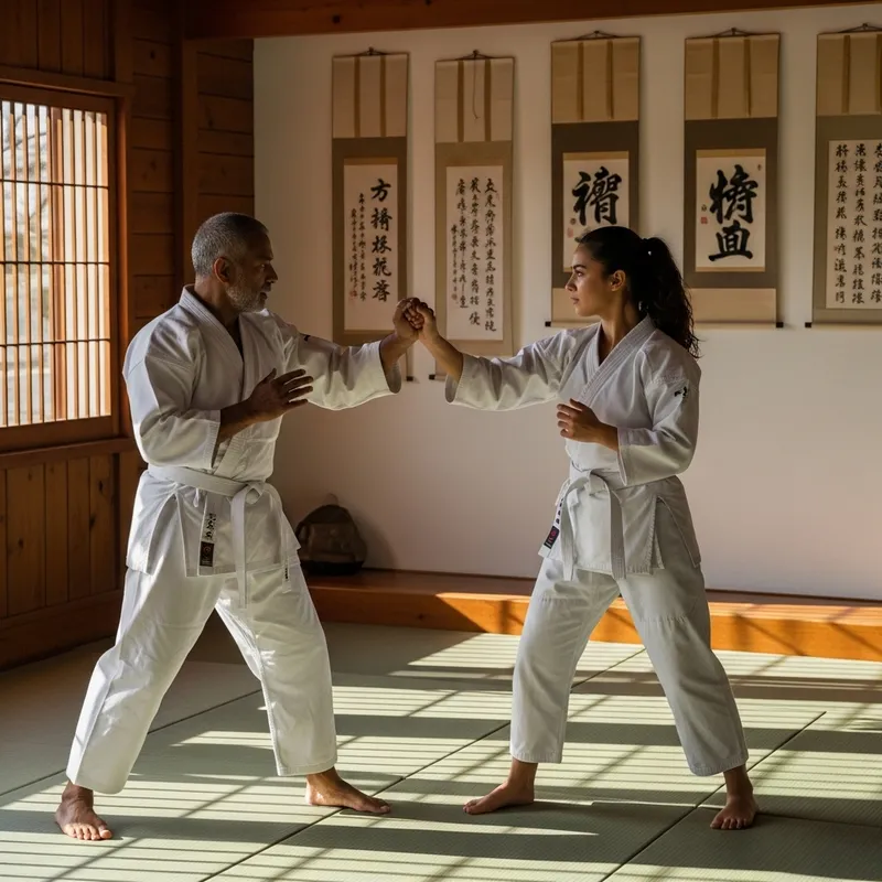 Spirited Martial Arts Match: South Asian Man vs Hispanic Woman in Dojo