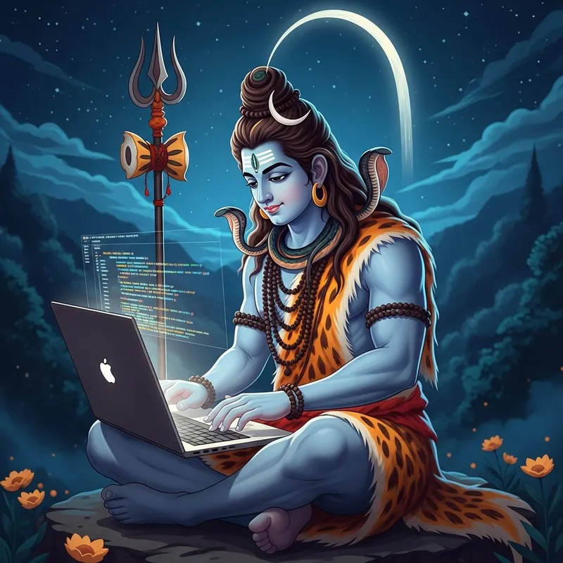 Lord Shiva Using Laptop and JavaScript - Deity Embraces Tech