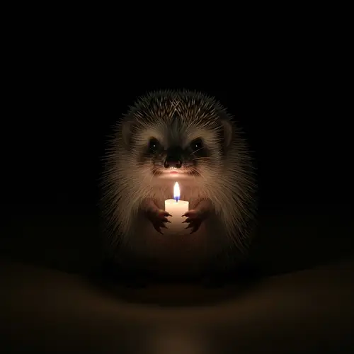 Fearful Hedgehog Clutching Candle in Darkness