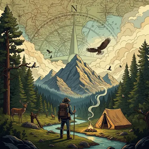 Adventure-Themed T-Shirt Design with Vintage Map and Wildlife Elements