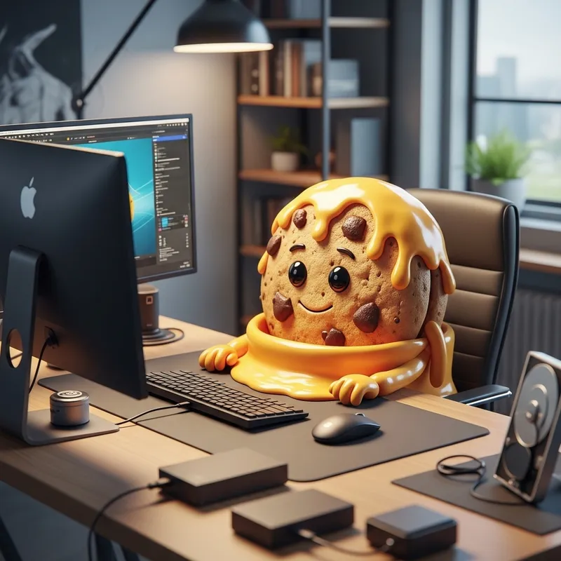 Cookie Character with Cheese Sauce at Computer
