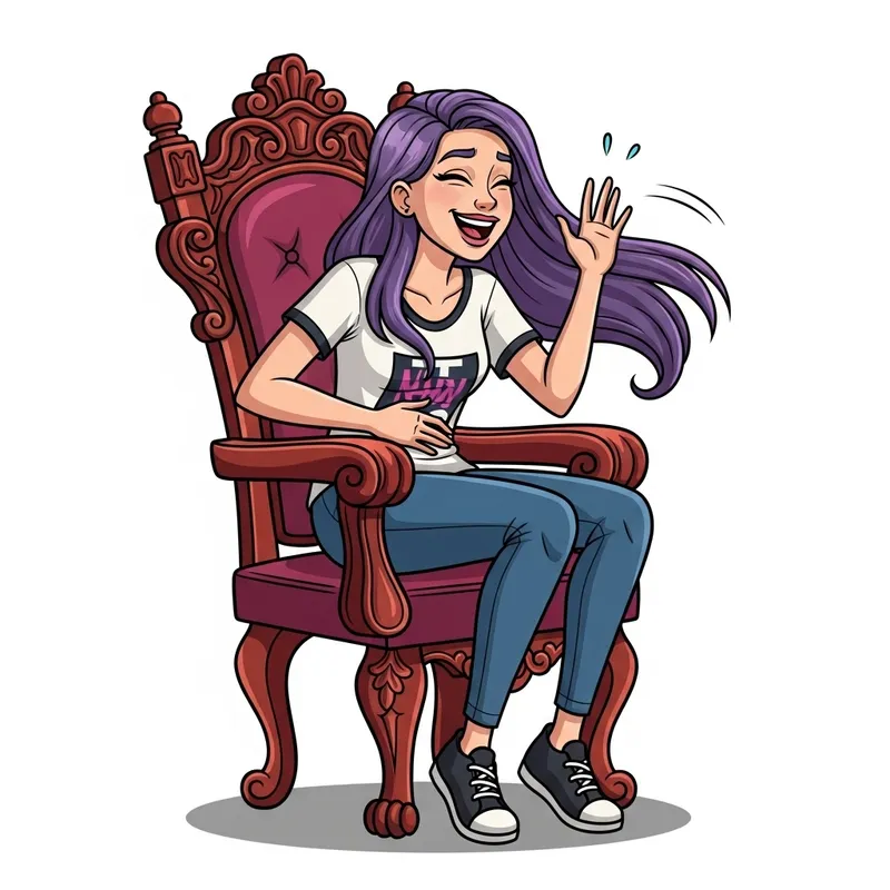 Vibrant Violet-Haired Girl Laughing in Carved Chair
