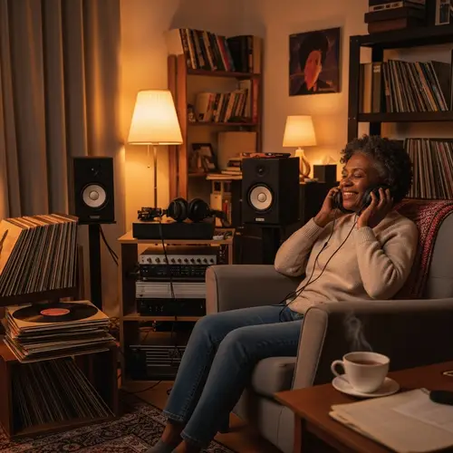 Cozy Room of Music Lover with Vintage Vinyl Records and Modern Sound System