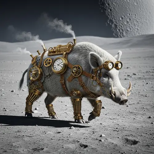 Steampunk Moon Landscape: White Boar with Victorian Machinery