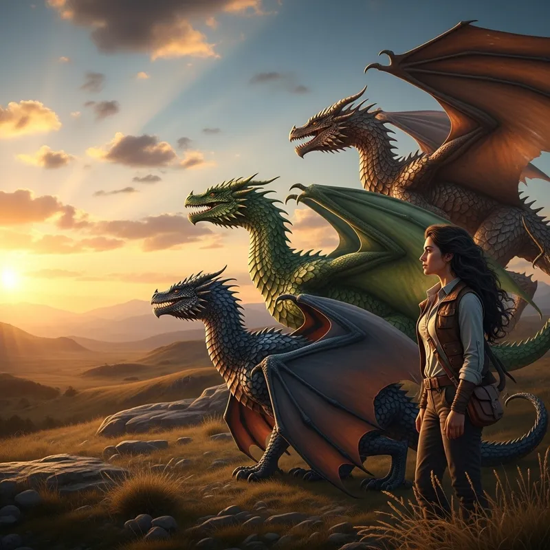 Hispanic Woman and Three Dragons at Dusk