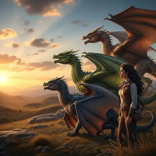 Hispanic Woman with Three Dragons | Enchanting Sunset Scene