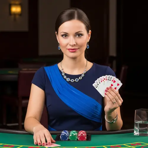 Casino Dealer Woman in Stylish Blue Dress Holding Playing Card
