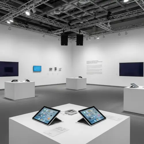 Spacious White Exhibition Space with iPads and Speakers