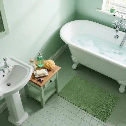 Light Green Bathroom Decor Ideas | Bathtub, Bedside Table, Soap Accessories