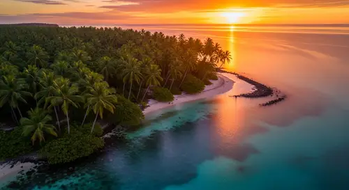 Tropical Island Sunset Paradise | Aerial View Palm Trees