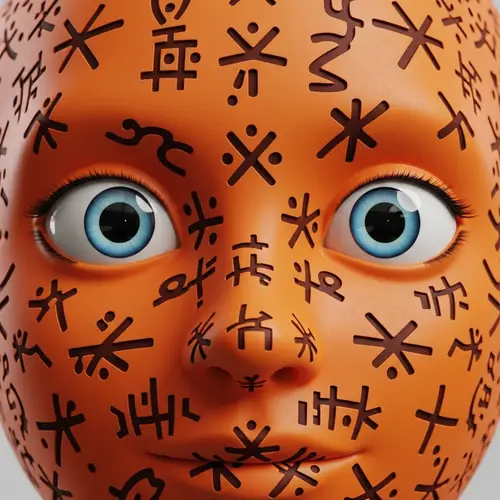 Orange 3D Cartoon-Style Face with Amazigh Symbols