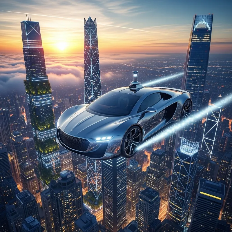 Flying Car Soaring Over Cityscape - Futuristic Scene Flying Car Soaring Over Cityscape - Futuristic Scene