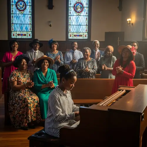 Young Black Girl Playing Upright Piano in Historic Southern Church