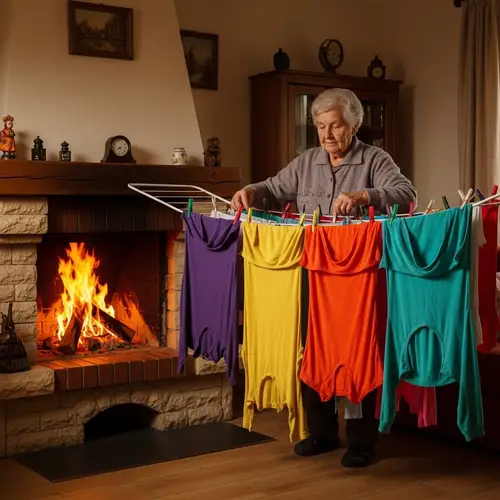 Cozy Living Room with Fireplace and Elderly Woman Hanging Laundry