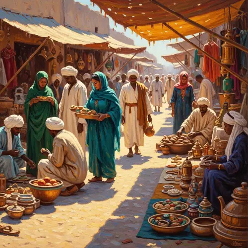 Lively Desert Market Scene Oil Painting | Diverse Individuals Buying & Selling Goods