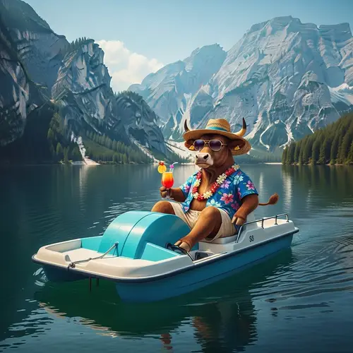 Charming Bull Pedaling Serenely on Lake with Hawaiian Shirt & Cocktail