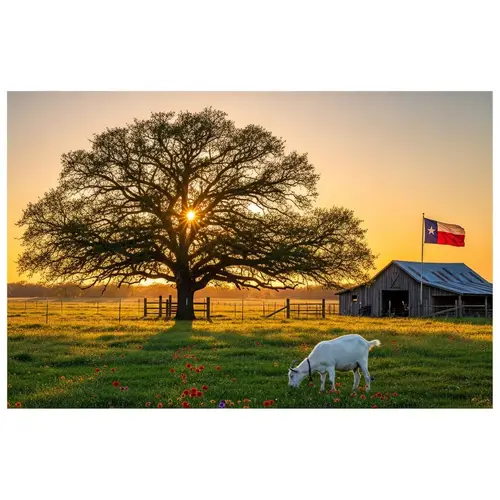 Tranquil Texan Farm at Sunset with White Goat and Texas Flag