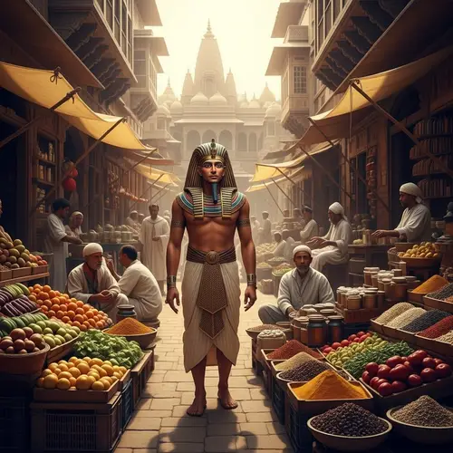 Ancient Egyptian explores colorful bazaar in vibrant India