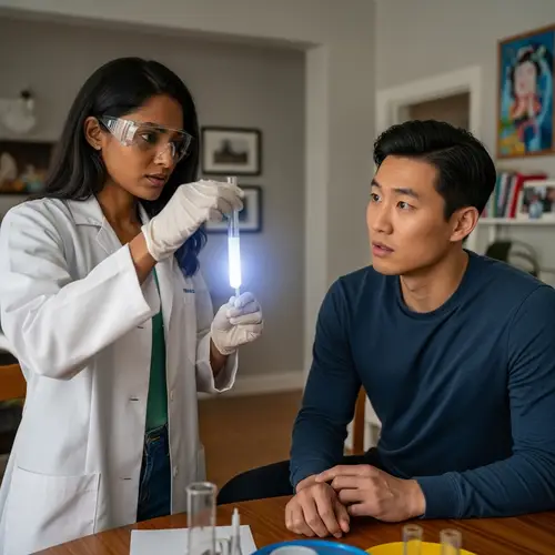 Multicultural Home Experiment: Woman Scientist with Glowing Test Tube