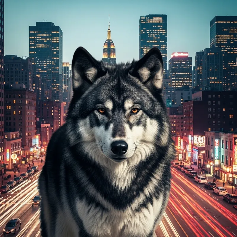 Majestic Black and White Siberian Wolf in Urban Cityscape