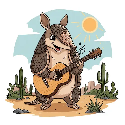 Charming Armadillo Playing Guitar in Texas Desert Scene