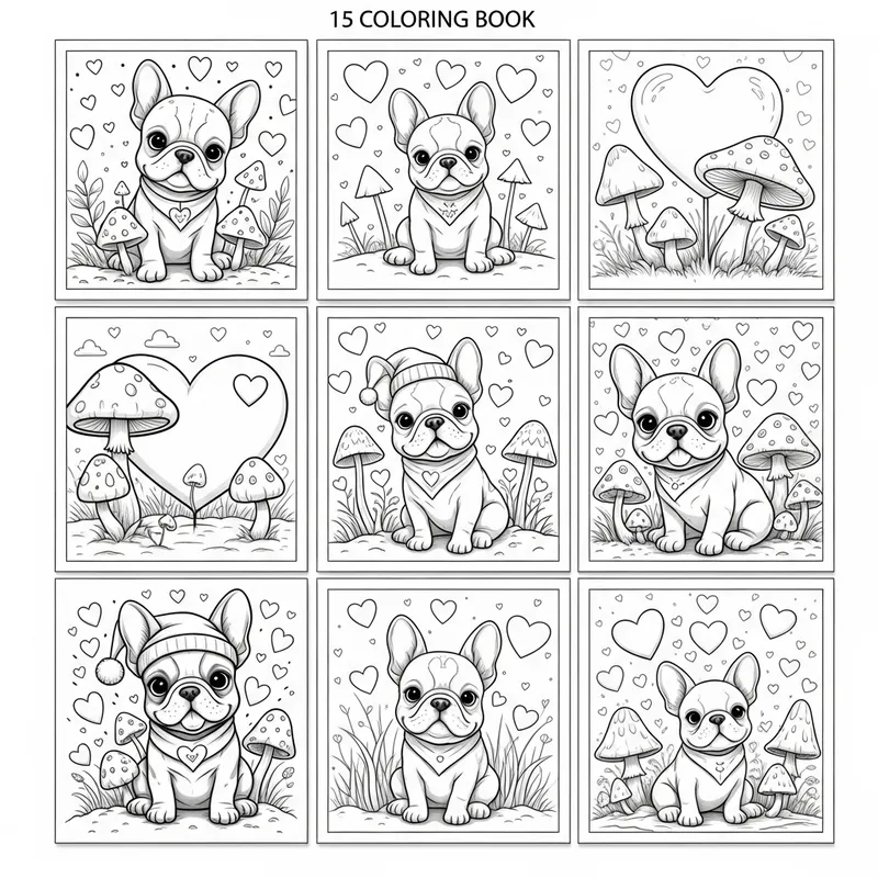 Delightful Black & White Coloring Book for Kids | French Bulldogs, Hearts & Mushrooms