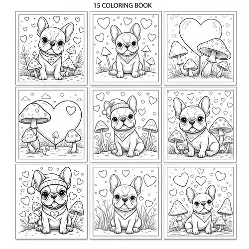 Black and White Coloring Book for Kids | French Bulldogs, Hearts & Mushrooms