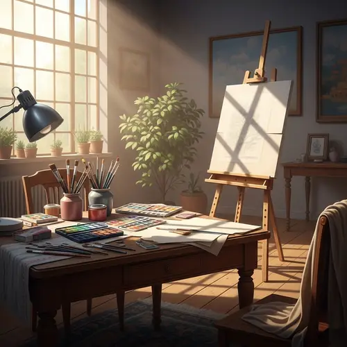 Tranquil Setting of Artistic Creativity | Art Supplies on Antique Table