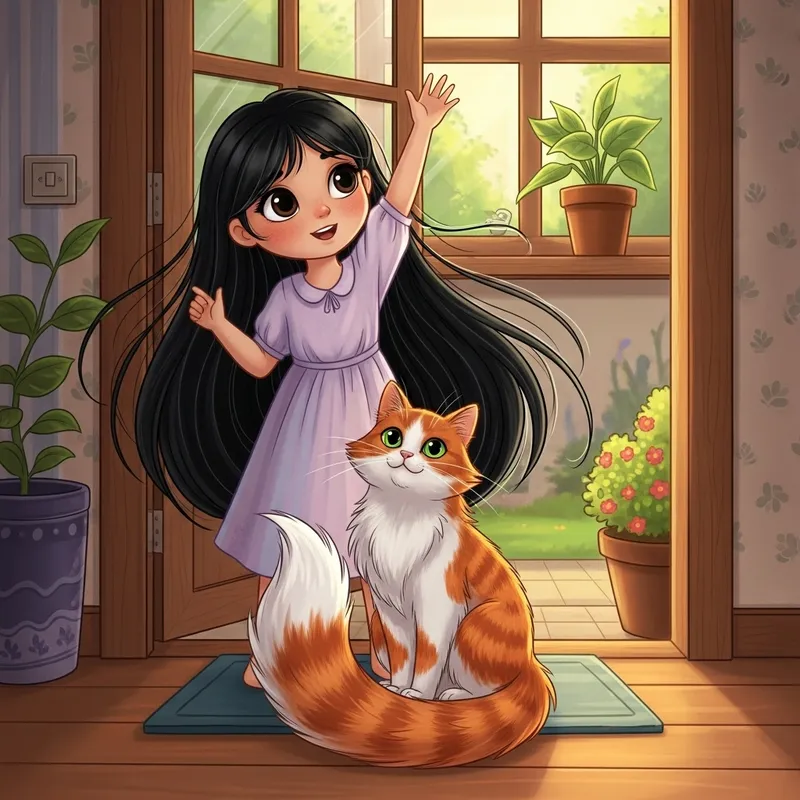 Girl Saying Goodbye to Her Ginger Cat with Big Eyes | Digital Illustration