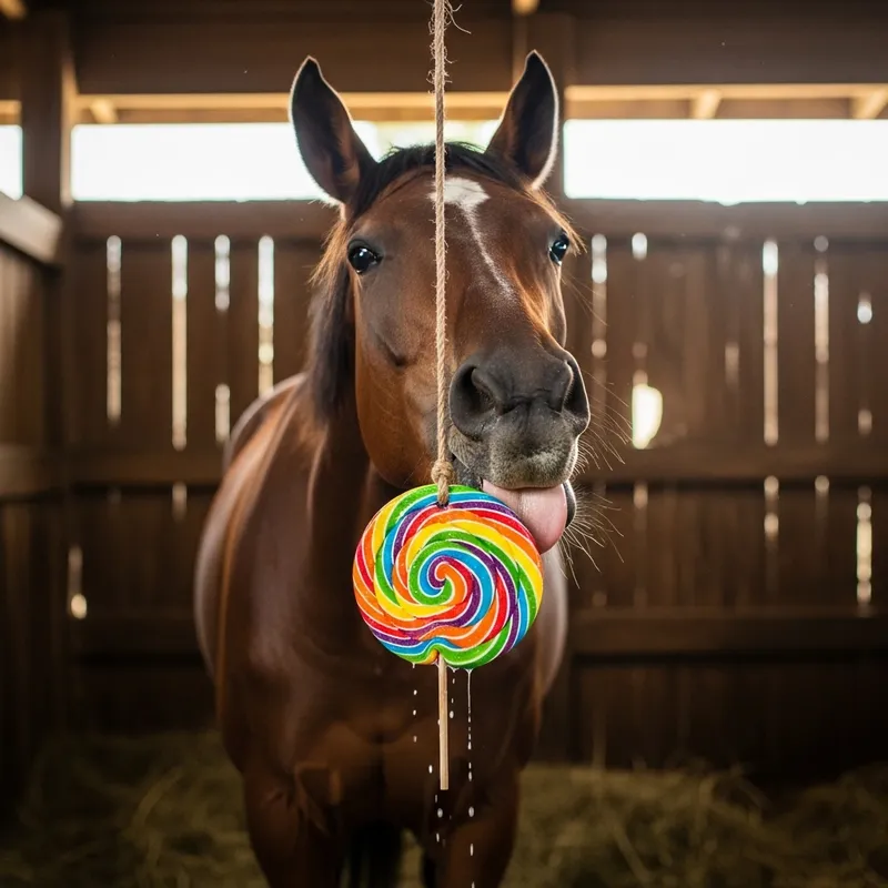 Horse Licking Sweet Round Lollipop in Stable