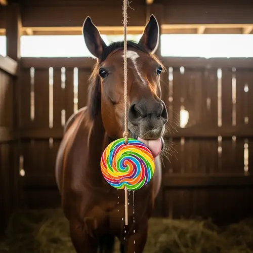 Adorable Horse Enjoying a Sweet Lollipop in Stable