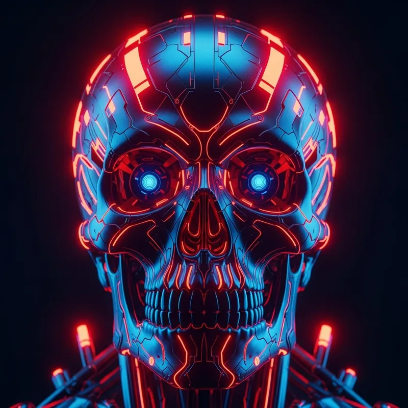 Neon Cyber Skull Art: Futuristic Red-Blue-Black Rendering