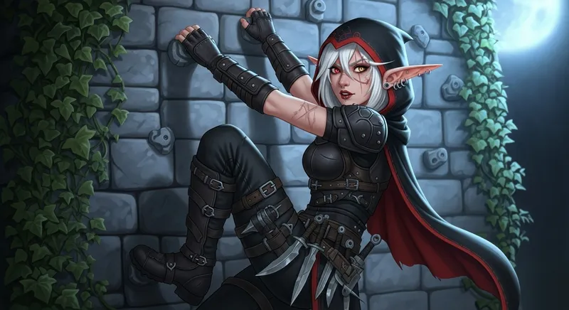 Moon Elf Girl Scaling Wall | Ethereal Climbing Illustration