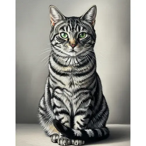 Realistic Oil Painting of Adult Short-Haired Cat with Green Eyes