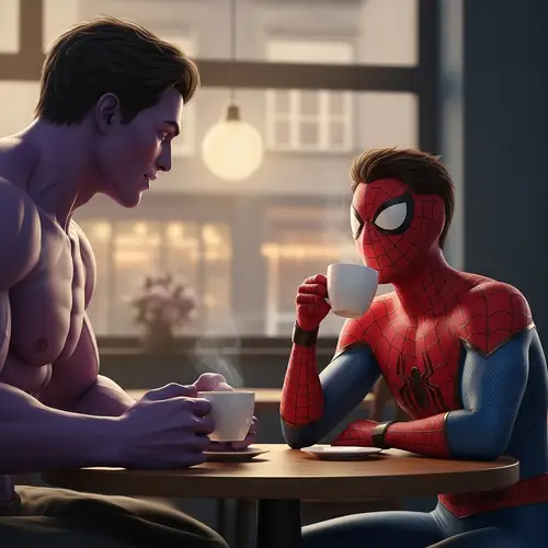 Hyper-Realistic Image of Spider-Themed Man and Muscular Figure Enjoying Coffee