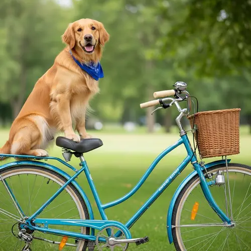 Happy Golden Retriever Dog on Vintage Style Bicycle in Park