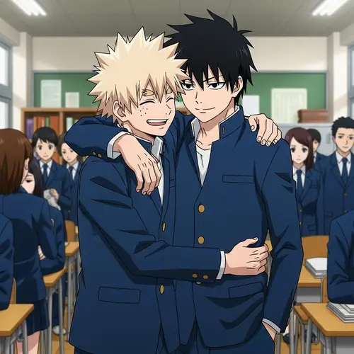 Blonde and Black-haired Anime Characters Embracing in School Setting
