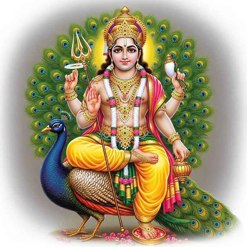 Lord Subramanya Seated on Peacock | Vibrant Brilliance & Divine Spear