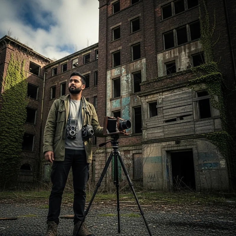 Exploring Large Abandoned Building: South Asian Man Film Scene