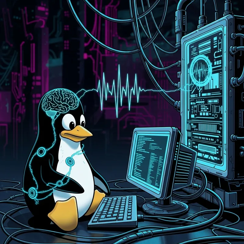 Tech-Savvy Penguin Coding: A Retro-Futuristic Vibe