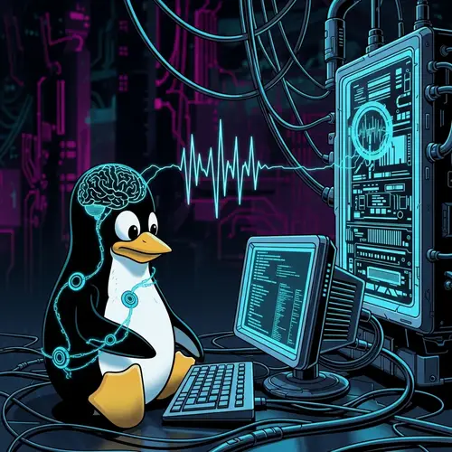 Tech-Savvy Penguin Coding: A Retro-Futuristic Vibe